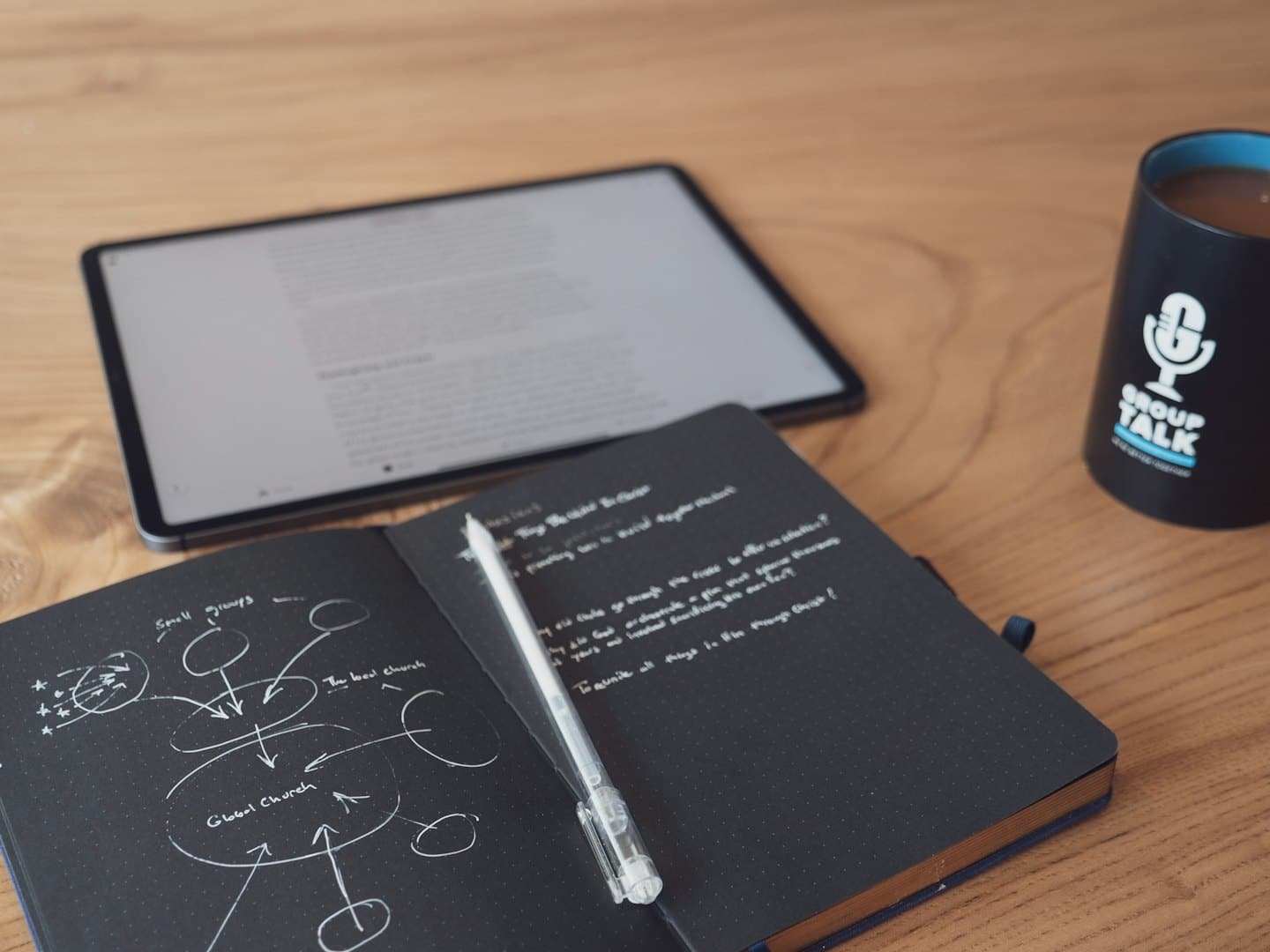 Open notebook with handwritten diagrams on a wooden desk.